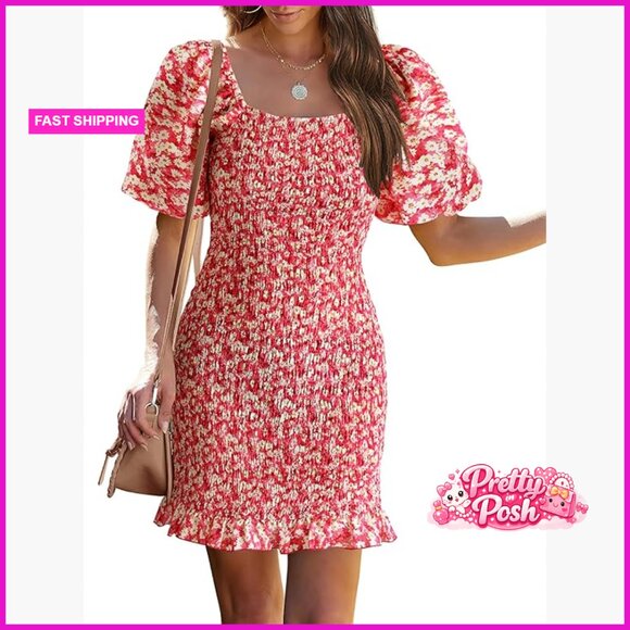 Dresses & Skirts - Floral Puff Sleeve Mini Dress Square Neck Ruffle Hem Bodycon